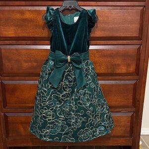 Rare Editions Green Velvet Dress with Gold Floral Accents